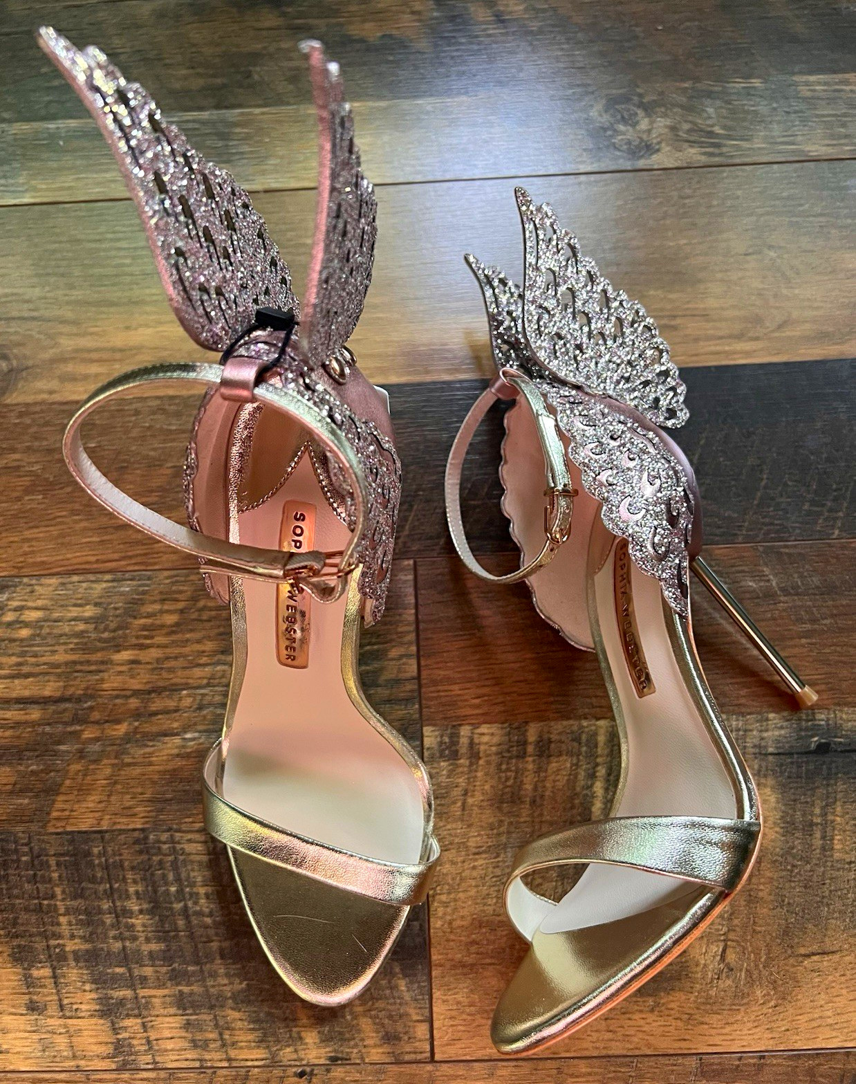 Sophia Webster Metallic Pink/Gold Glitter Wing “Evangeline” Stiletto  US 7.5