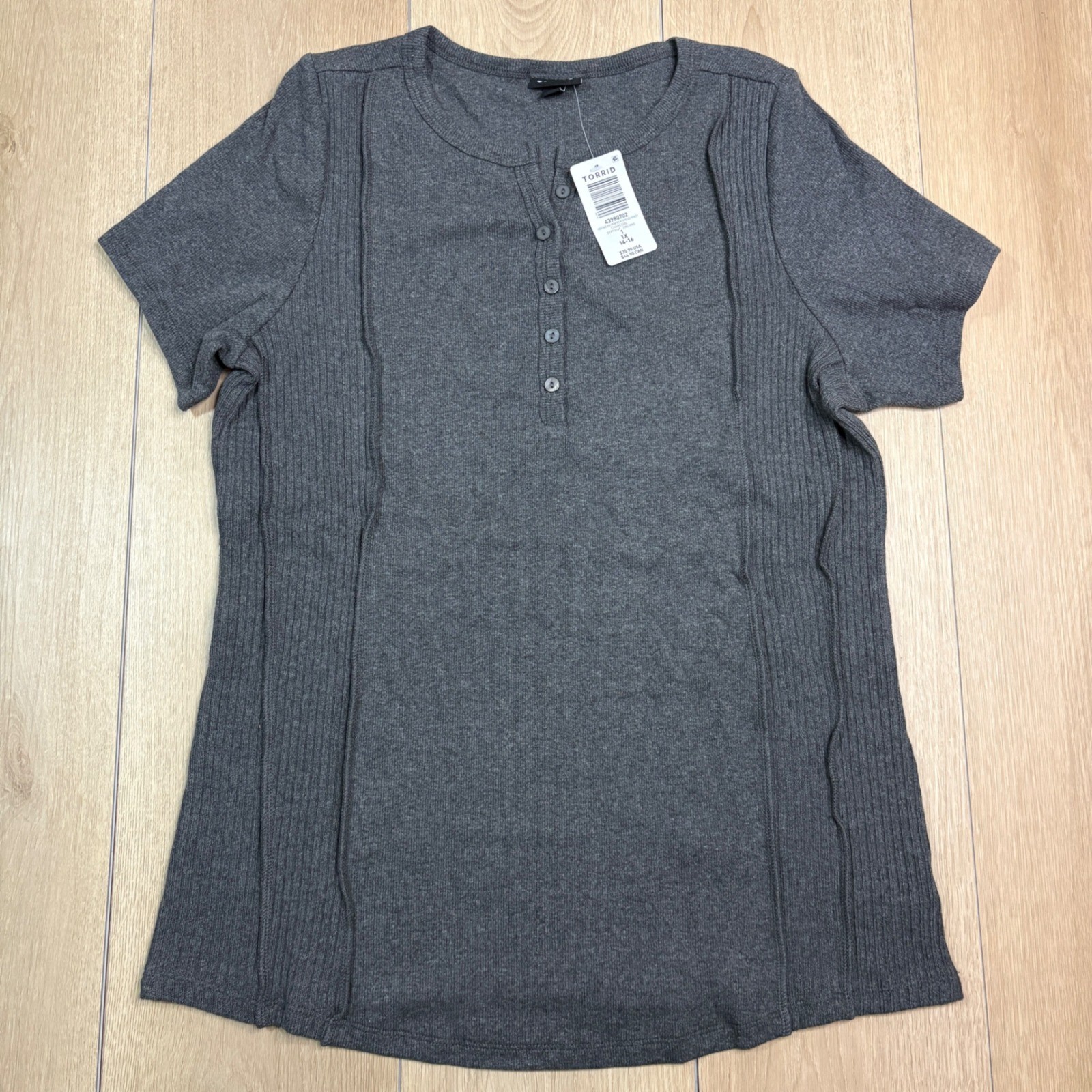 Torrid Heritage Rib Crew Neck Paneled Henley Charcoal Grey Short Sleeve Top 1 1X
