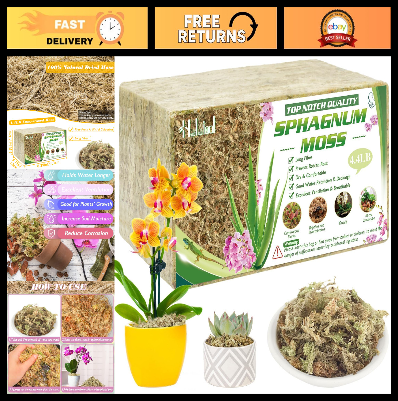 4.4LBS Premium Natural Sphagnum Moss for Plants, Orchid Repotting, Terrariums, C