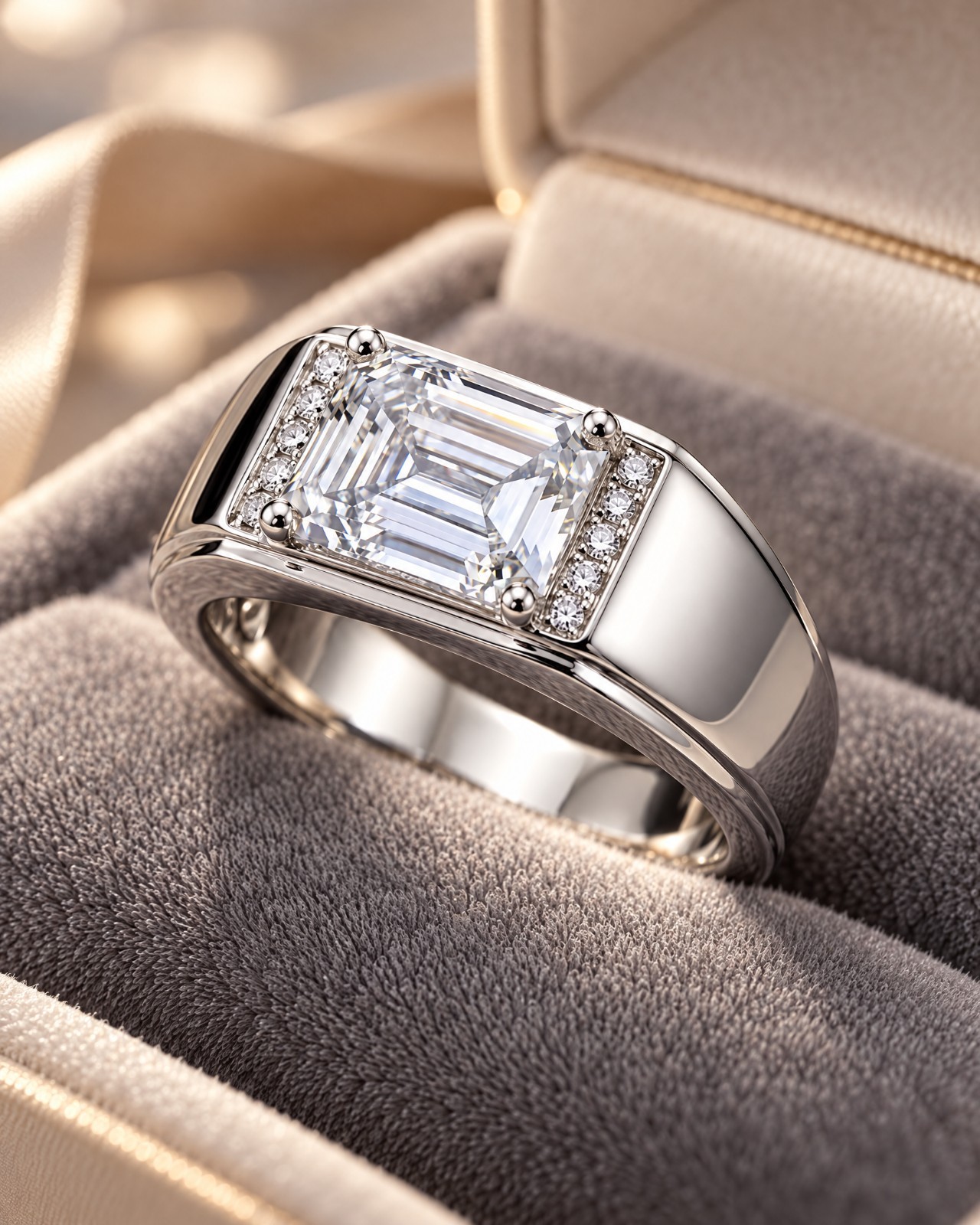 ​2.75ct Moissanite Mens Ring VVS1 D Emerald Cut Certified GRA Handcrafted USA TX