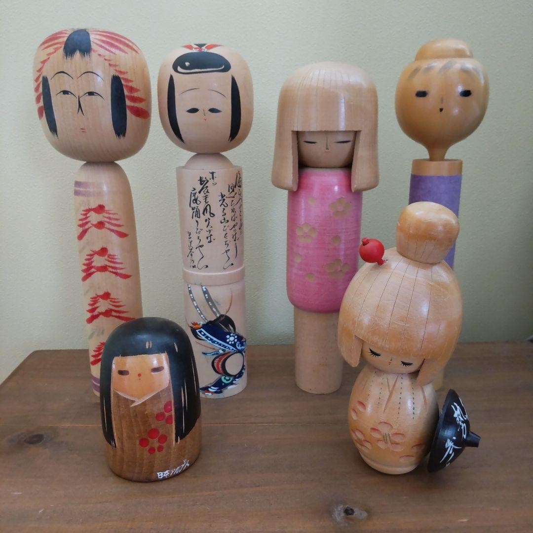 Showa Retro Kokeshi Set of 6 Japanese Traditional Wooden Doll Folk Toy Lot