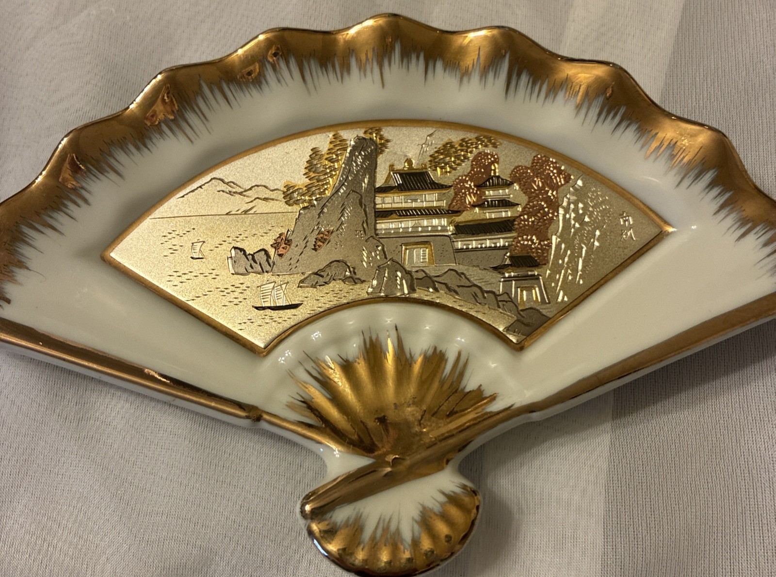 Vintage Art of Chokin Japanese Fan Plate 24K Gold Pagoda Landscape Westland Co.