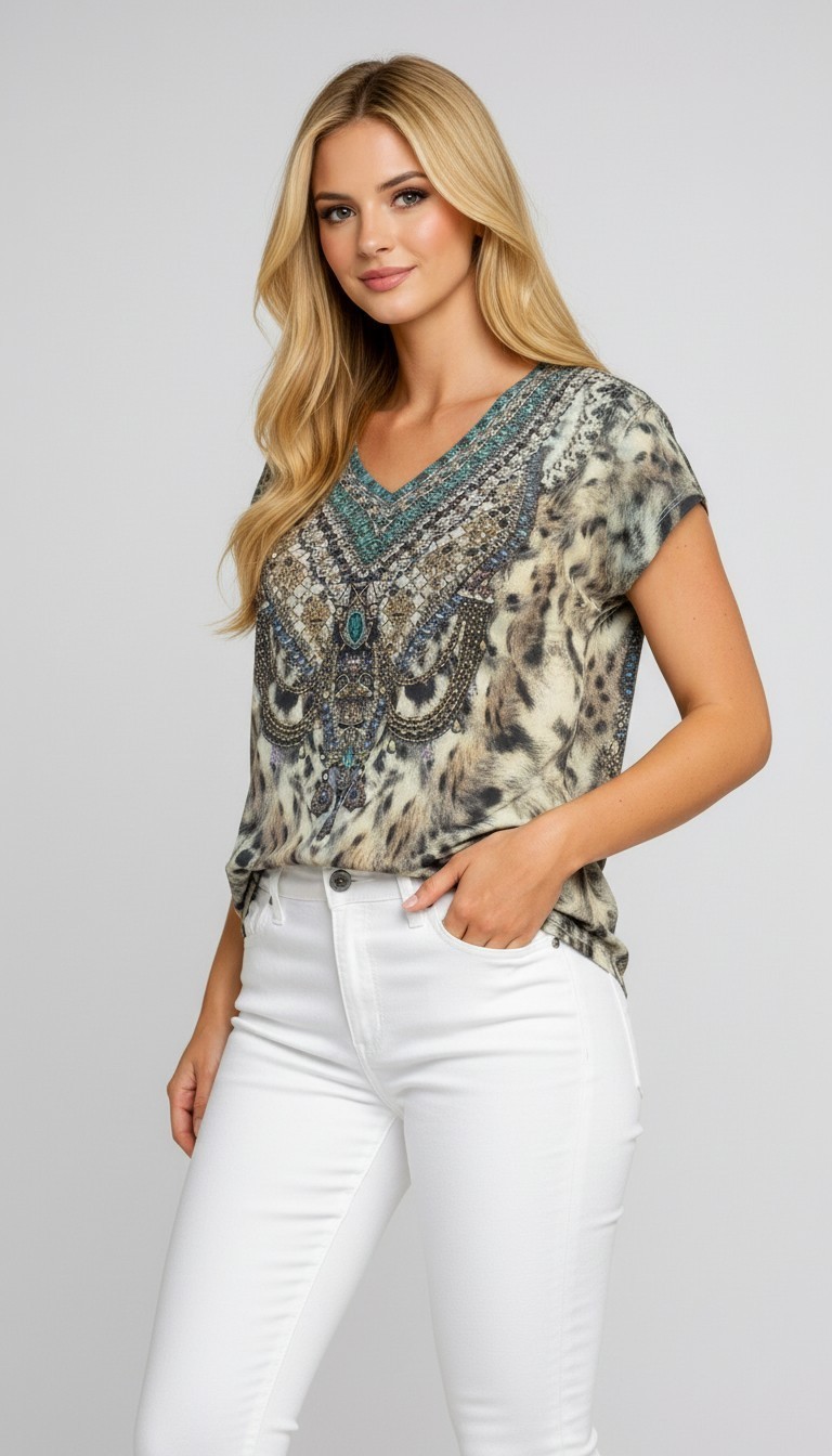 Camilla Snow Whispers V Neck  Cotton Top Size S flattering cut Looks Stunning on