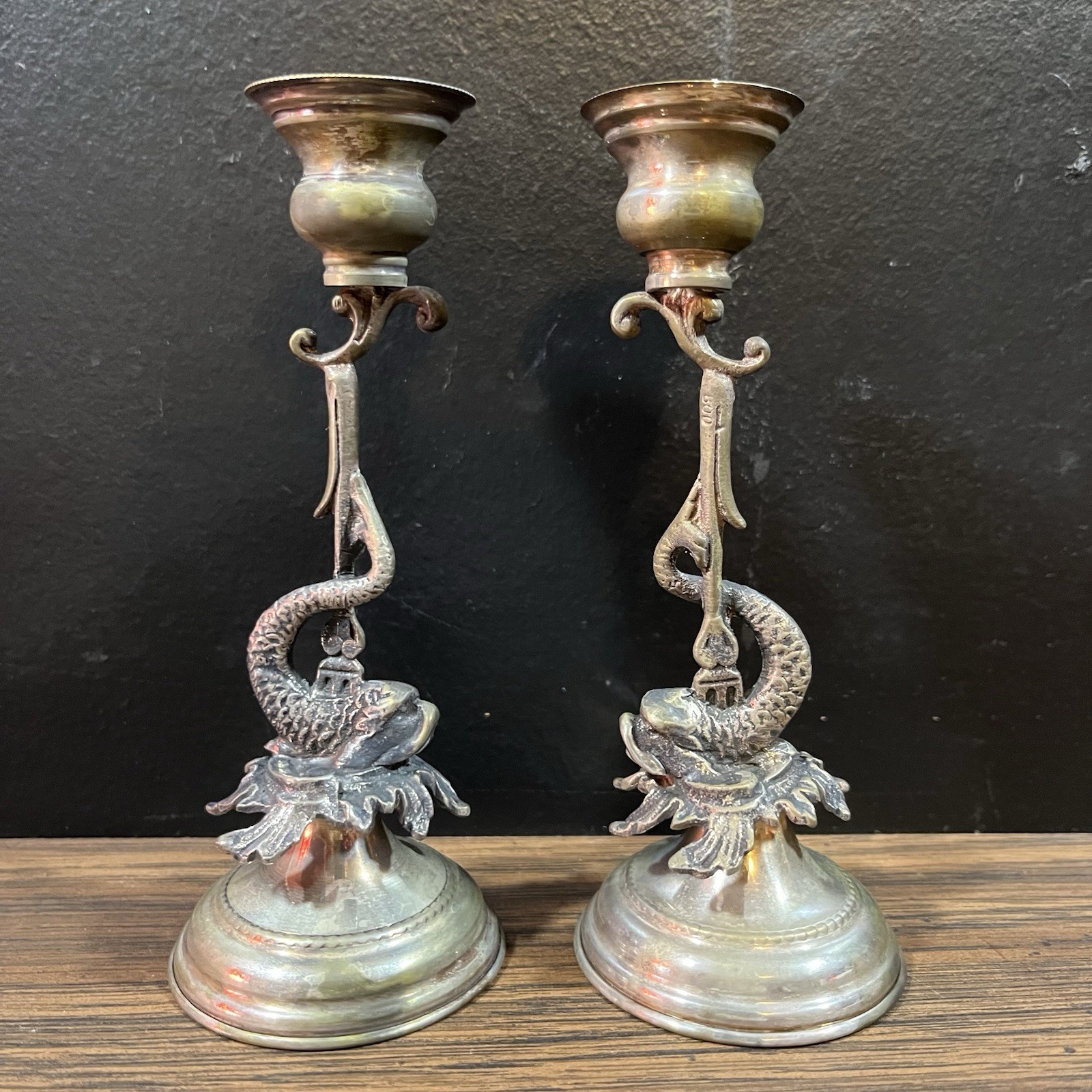 Vintage Pair 800 Silver Fish Candlestick Holders 5” Ornate Candle Holders Vintage Pair 800 Silver Fish Candlestick Holders 5” Ornate Candle Holders