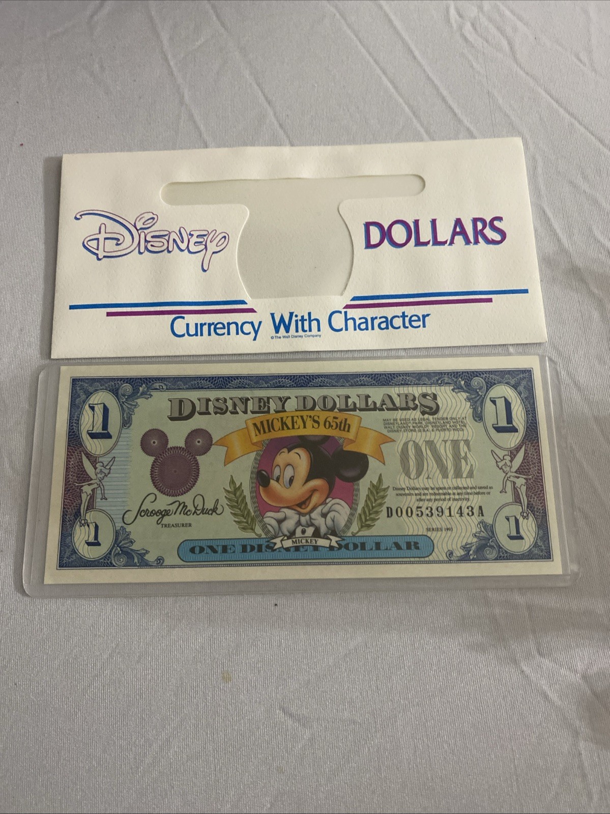 Disney $1 Disney Dollars Mickey Mouse “Mickey’s 65th” Note D00539143A Disney $1 Disney Dollars Mickey Mouse “Mickey’s 65th” Note D00539143A