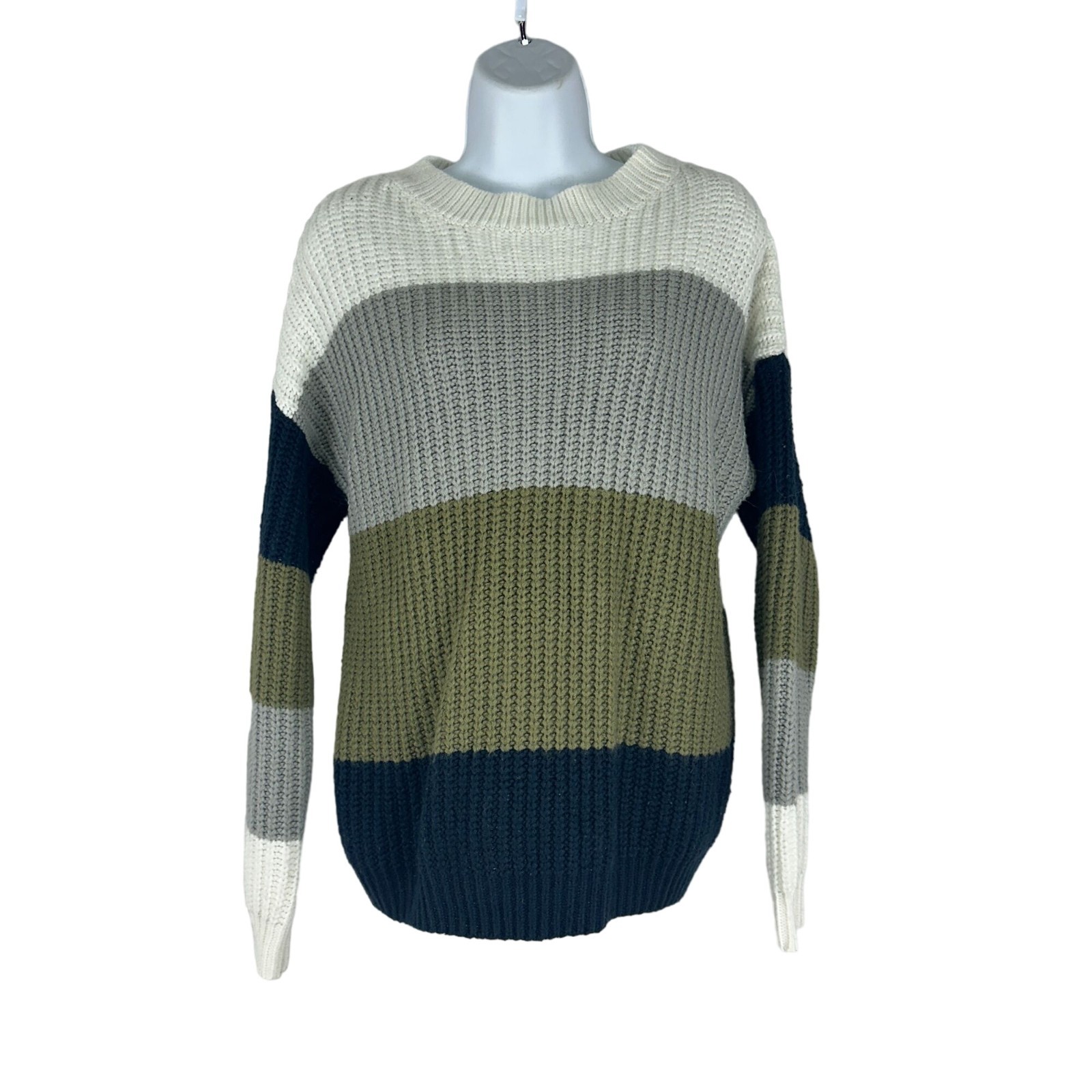 Merokeety Colorblock Knit Sweater Womens Medium Green Cream Gray Long Sleeve Top