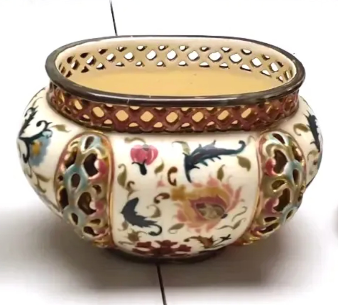  Antique Zsolnay Pecs Reticulated Pierced Faience Cachepot Bowl TJM Mark 1880s
