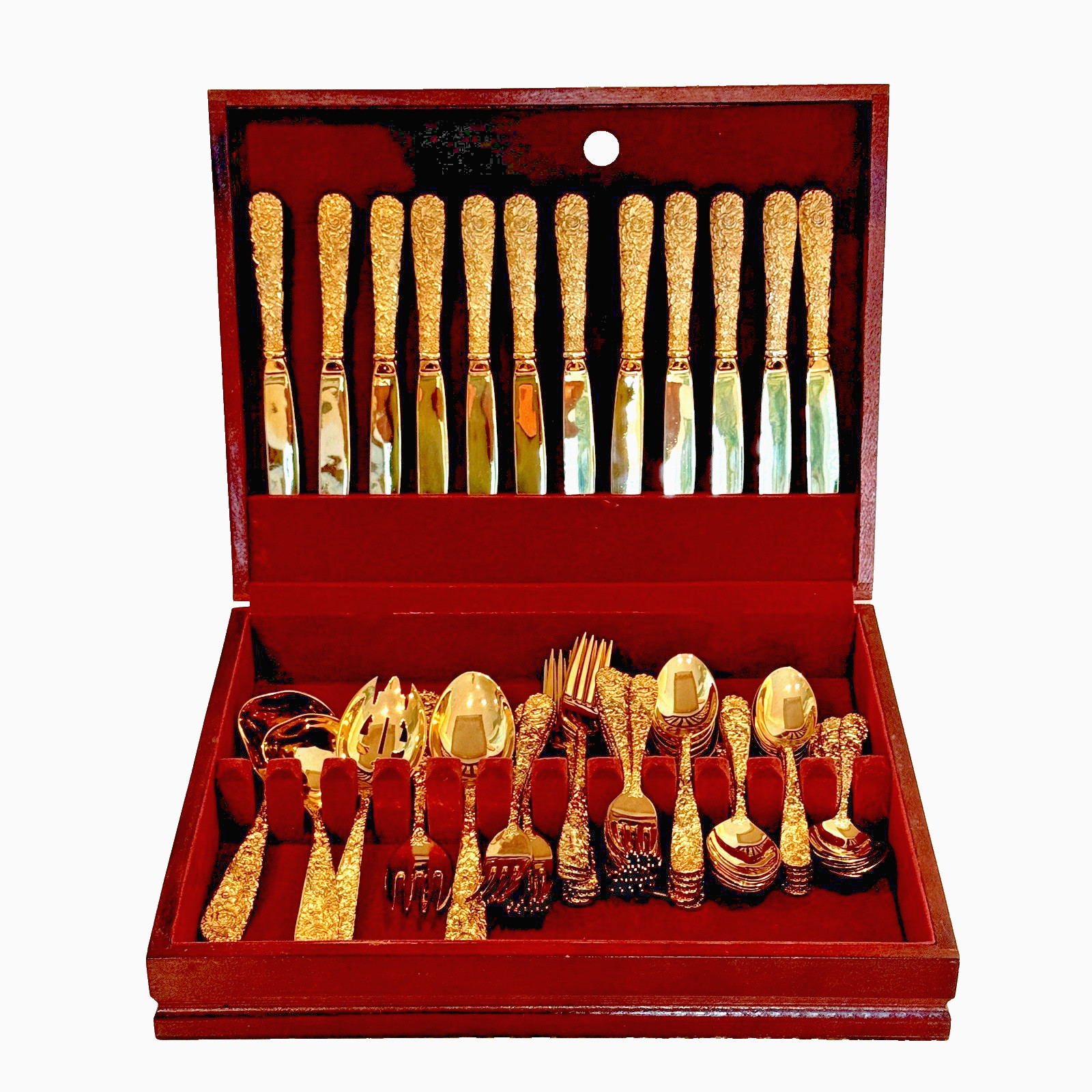 Godinger Olde Bouquet Gold Flatware 64 Pc Set Wood Chest 1 Tsp Missing Vintage