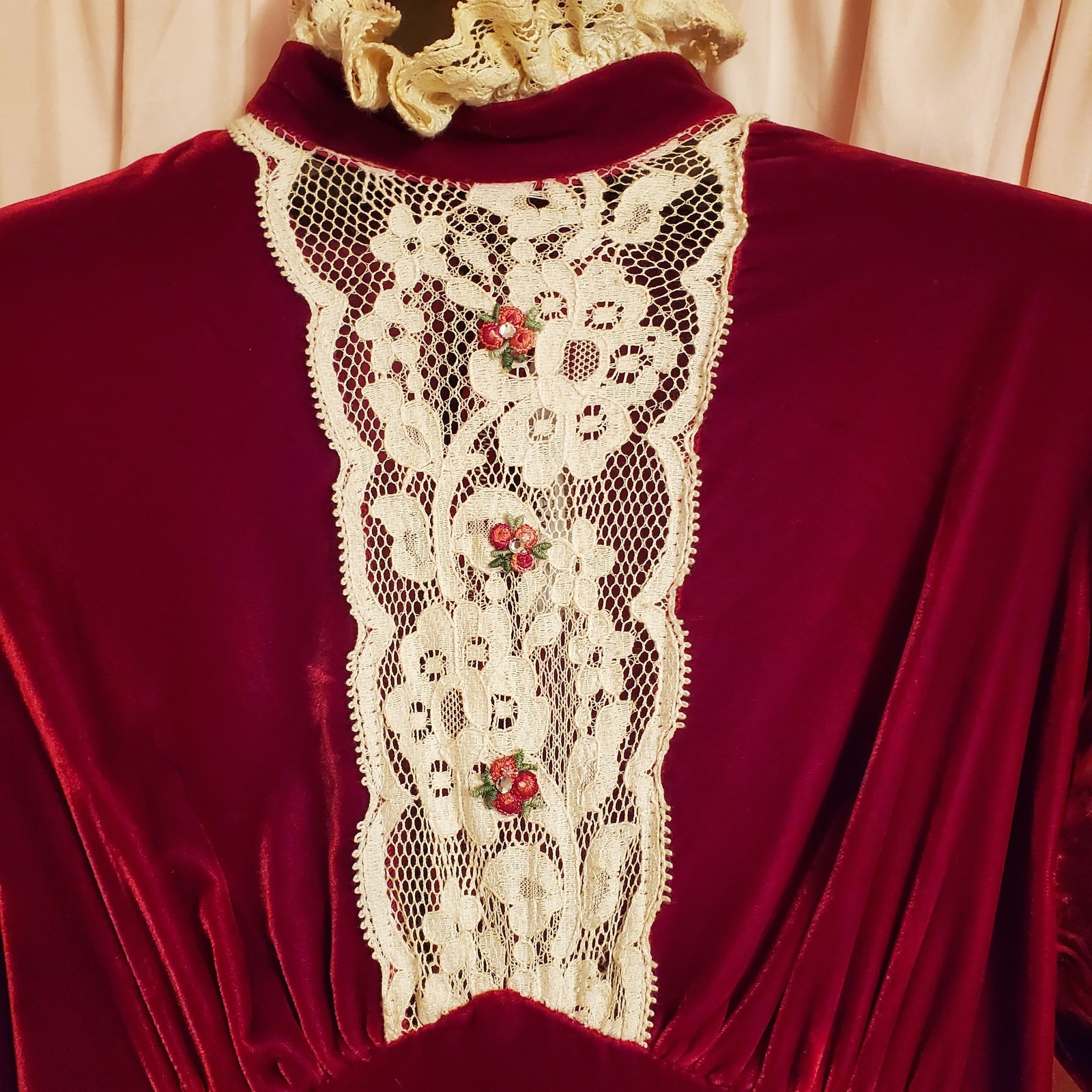 VTG 70s High Neck Burgundy Plush Velvet Maxi Dress Victorian Christmas Sz 4