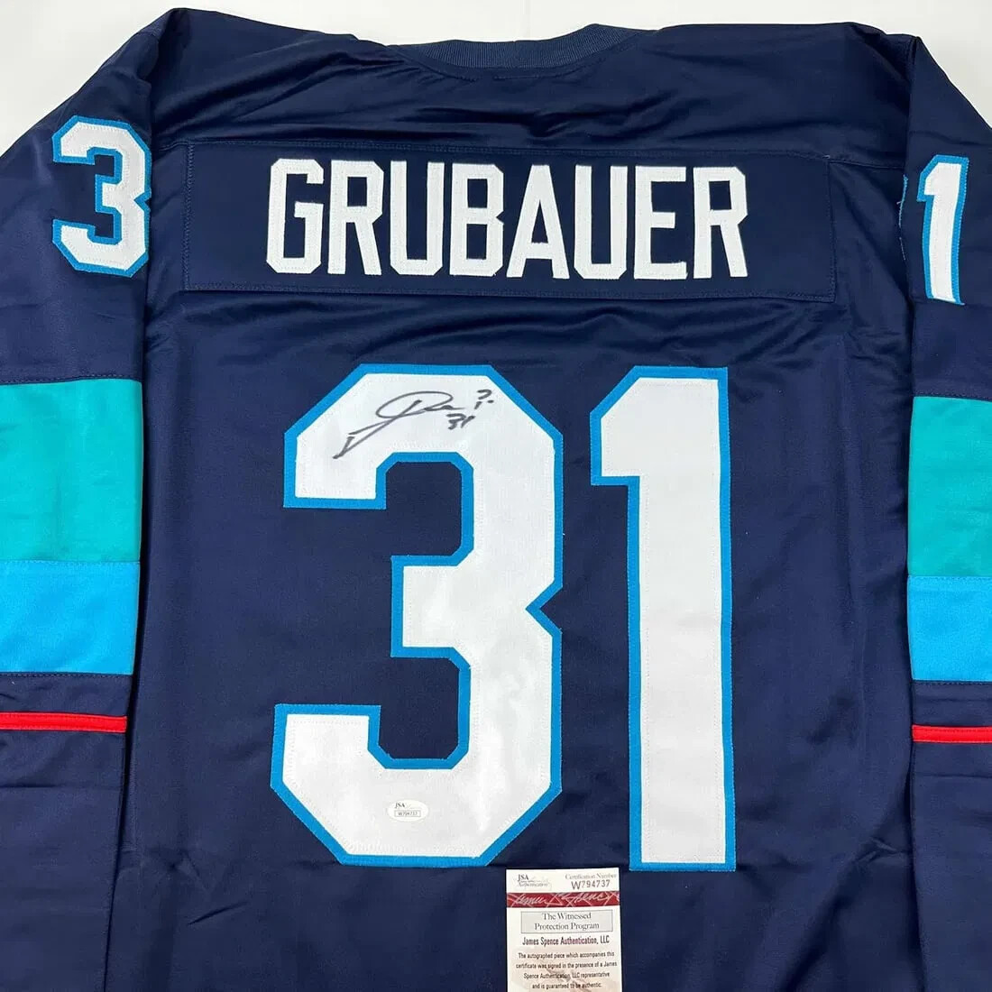 Philipp Grubauer Autographed/Signed Seattle Kraken Custom Hockey Jersey JSA COA Philipp Grubauer Autographed/Signed Seattle Kraken Custom Hockey Jersey JSA COA