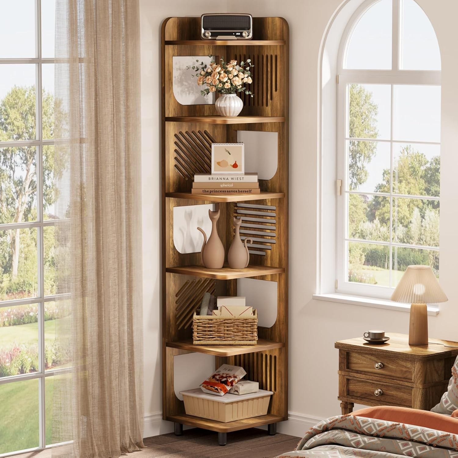 6-Tier Tall Corner Shelf, 71\'\' Rustic Narrow Corner Bookshelf with Square Rack