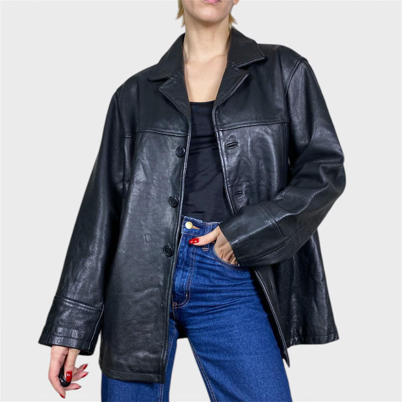 Vintage Black Leather Coat 90s Oversized Jacket Size US10/12 Vintage Black Leather Coat 90s Oversized Jacket Size US10/12