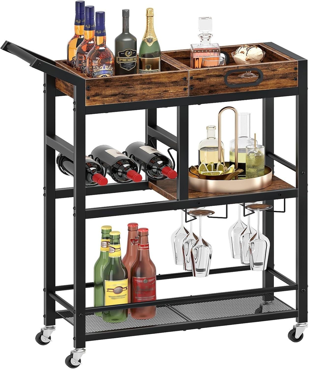 HOOBRO Bar Cart Coffee Kitchen Wine Rolling Serving BF62TC01 Brwon & Black *NEW*