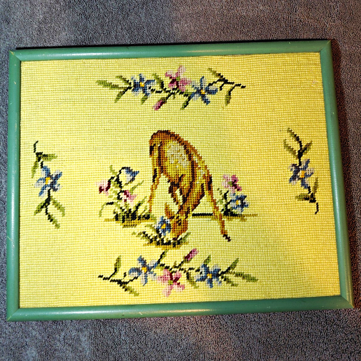 Vintage 1960s Cross Stitch Deer & Floral Border Framed Needlework Embroidery Vintage 1960s Cross Stitch Deer & Floral Border Framed Needlework Embroidery
