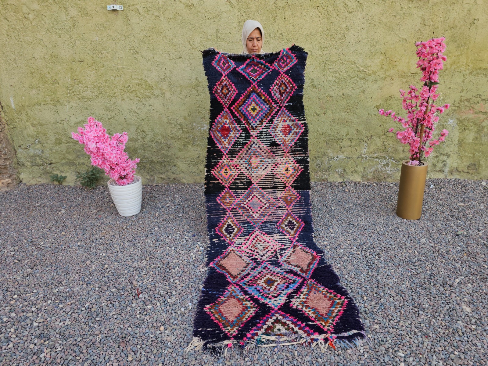 Moroccan Berber Rug Vintage Blue Pink 8x3 ft Handmade Wool Tribal