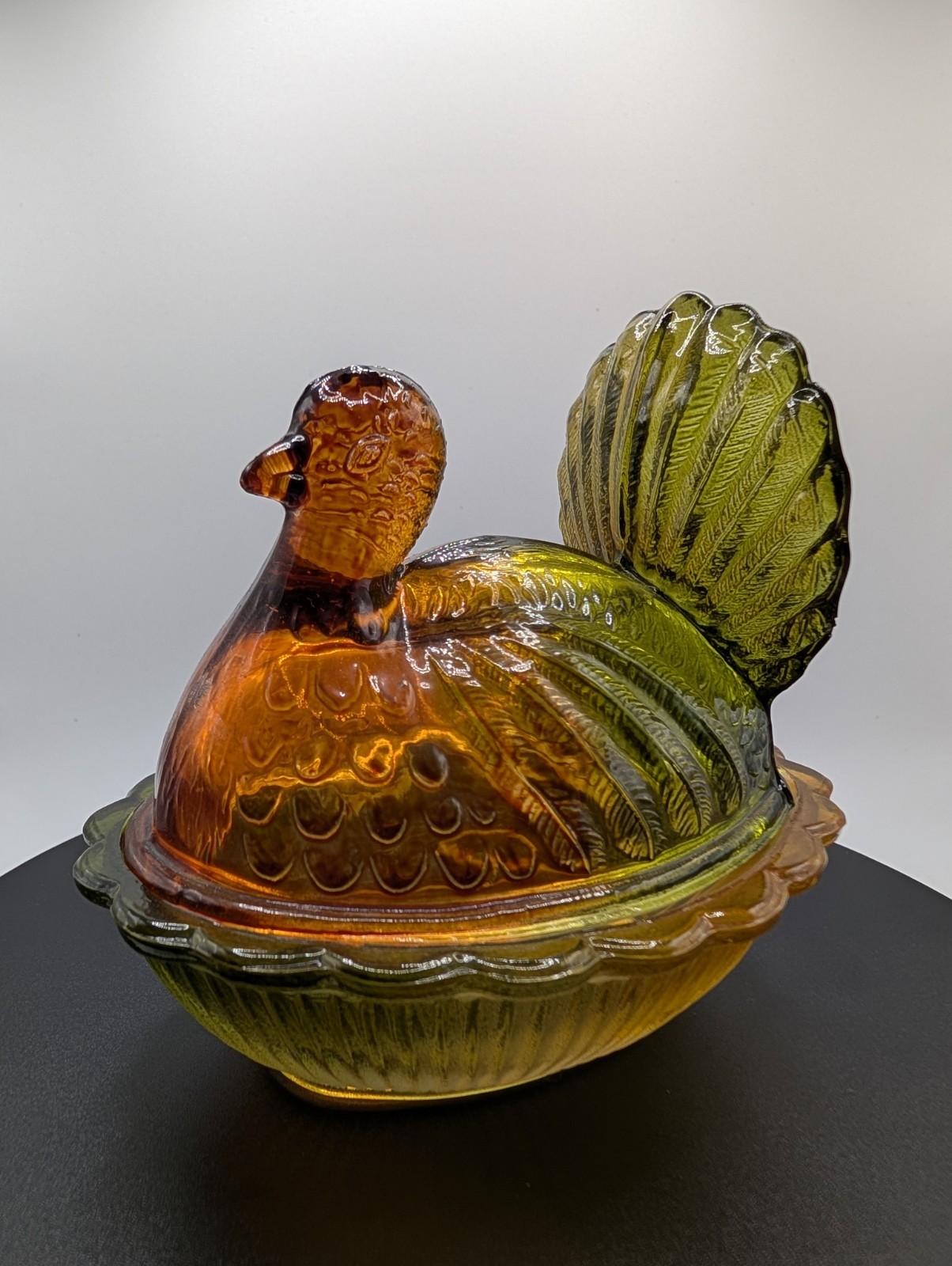 VTG Indiana Amber Glass Turkey Hen On A Nest TrinketCandy Dish Ombre Brown Green