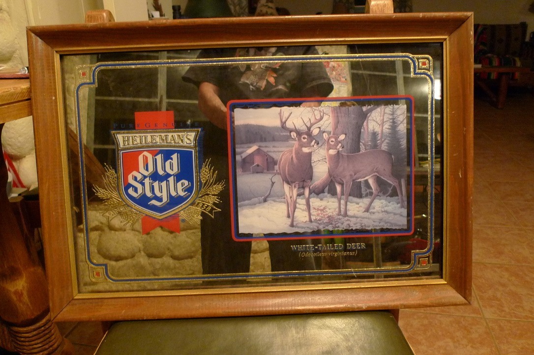Vintage 1992 Heileman's Old Style Beer Mirrored Bar Sign with White Tailed Deer