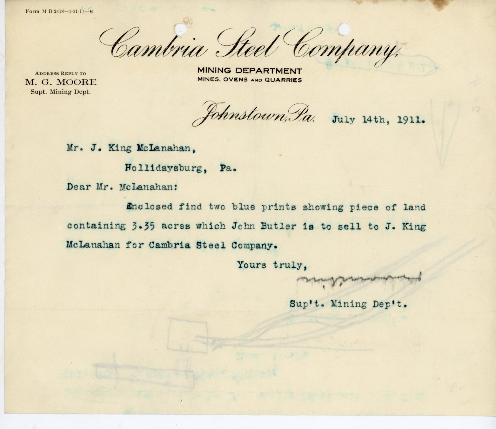 1911 Cambria Steel Company Letterhead Johnstown PA Mining Dept J King McLanahan