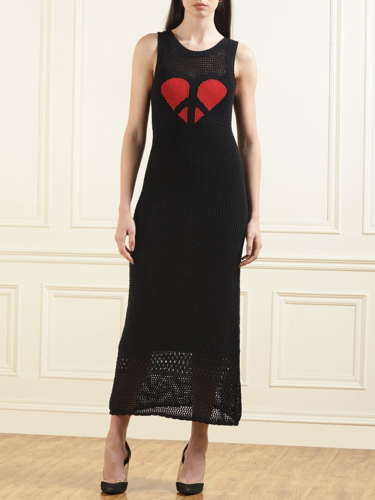 Moschino Couture Women Black Mesh Open Work Heart Maxi Dress NWT Auth. Size XS