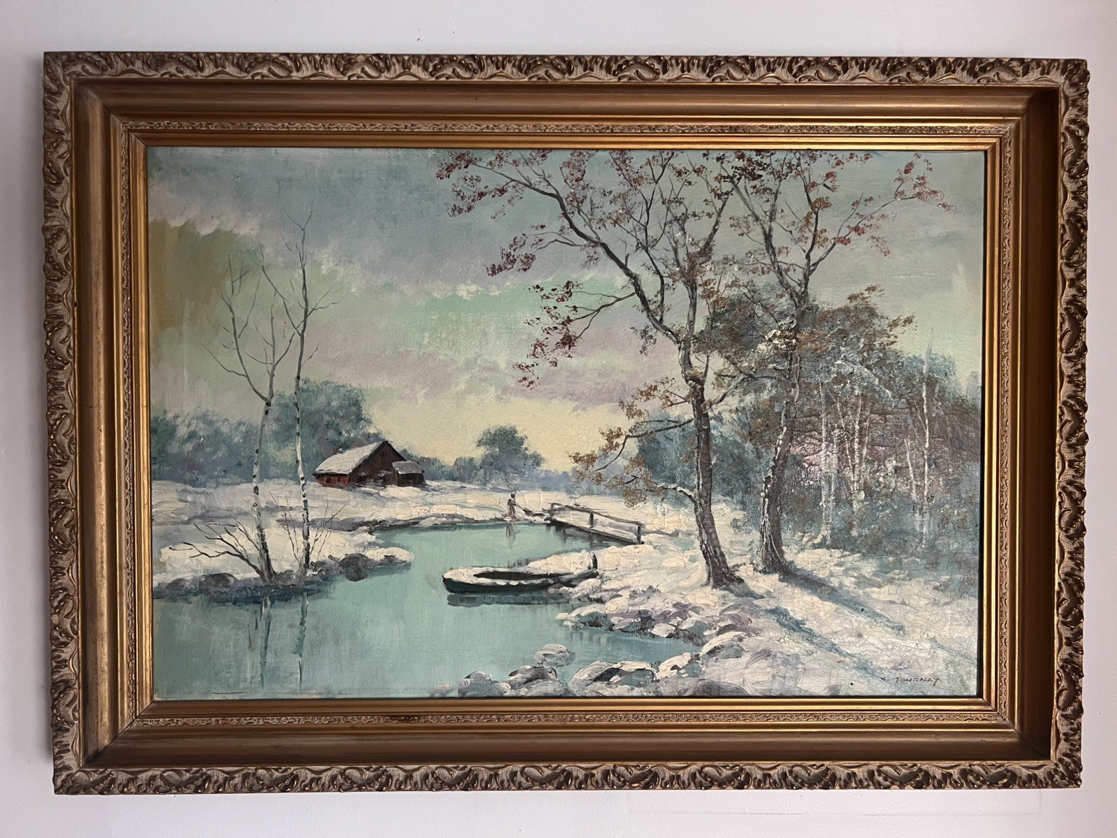 Painting H. Tournay - Cabin with Trees Winter Scene Oil On Canvas Framed Painting H. Tournay - Cabin with Trees Winter Scene Oil On Canvas Framed
