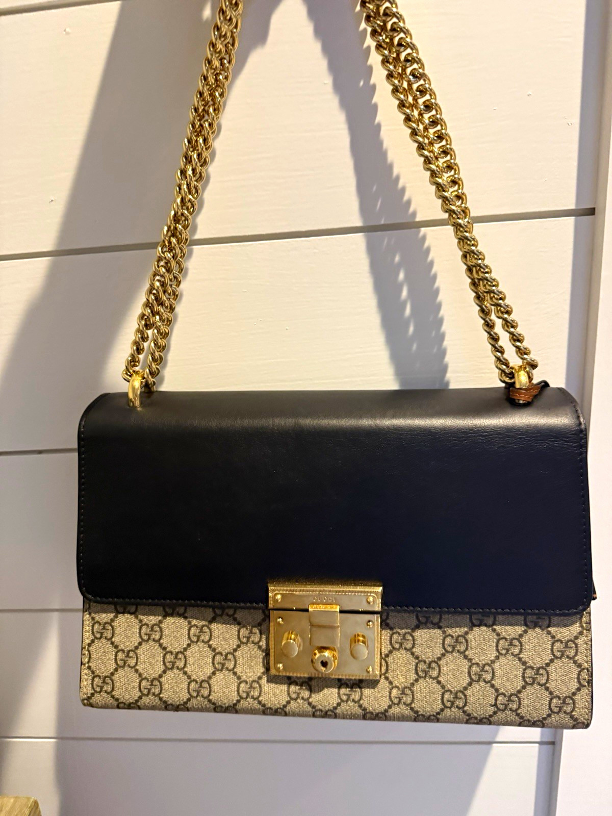 Gucci GG Monogram Shoulder Bag Black Beige Brown Gold Chain Strap Lock w/ Key