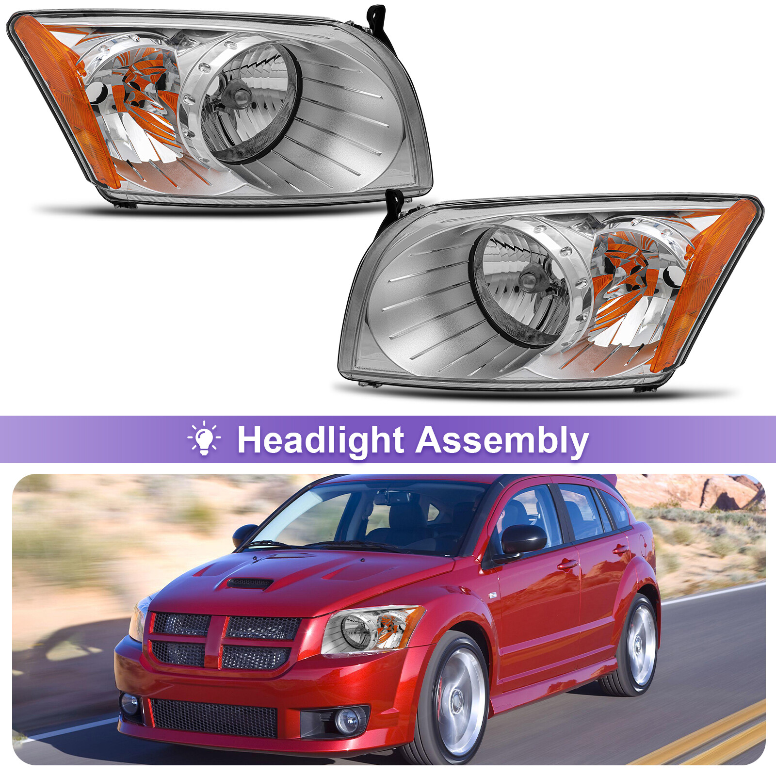 For 2007-2012 Dodge Caliber Headlights Assembly R/T SXT SE Headlamp LH&RH Chrome