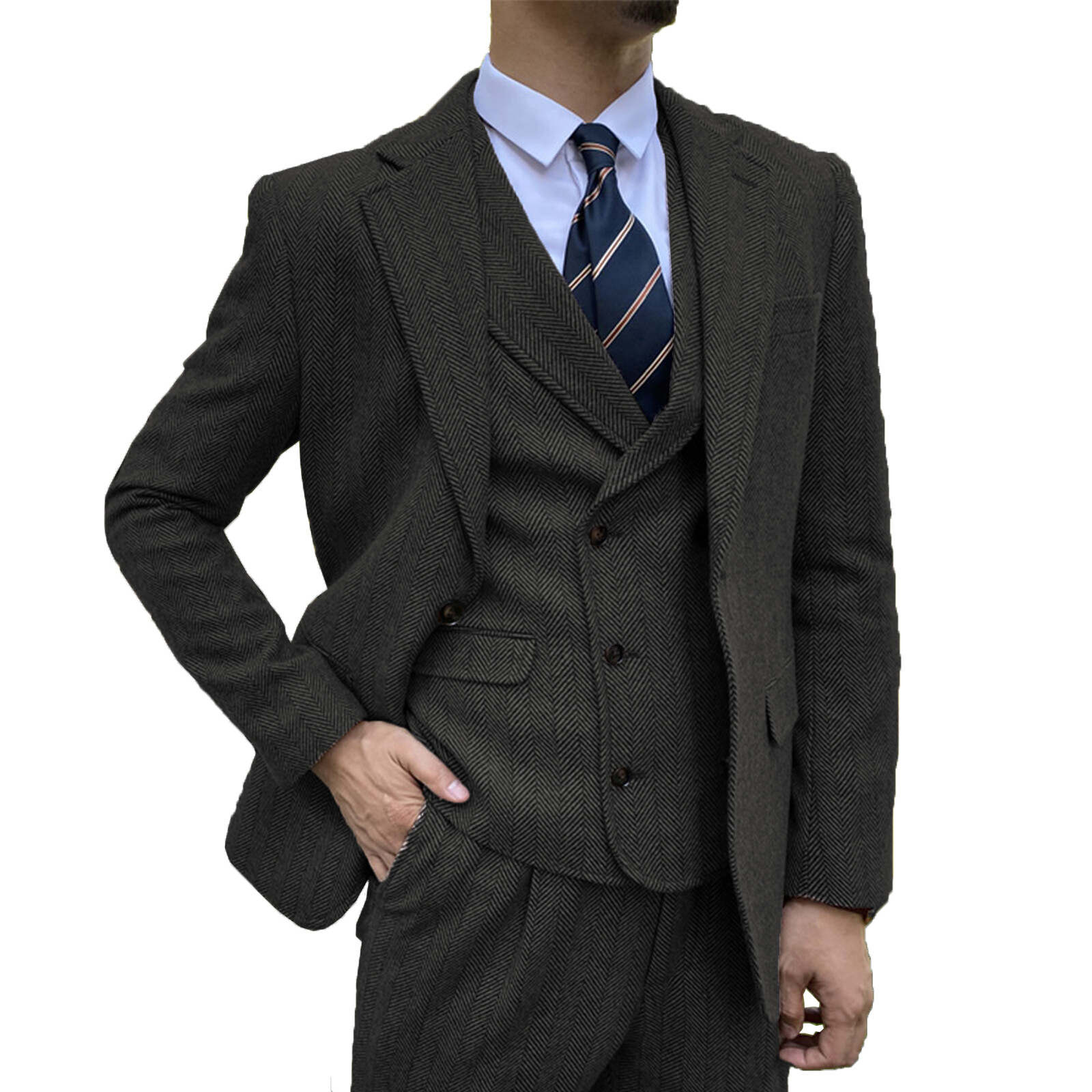 Vintage Men's Regular Fit Herringbone Tweed 3Pcs Suit Blazer Vest Trousers Set