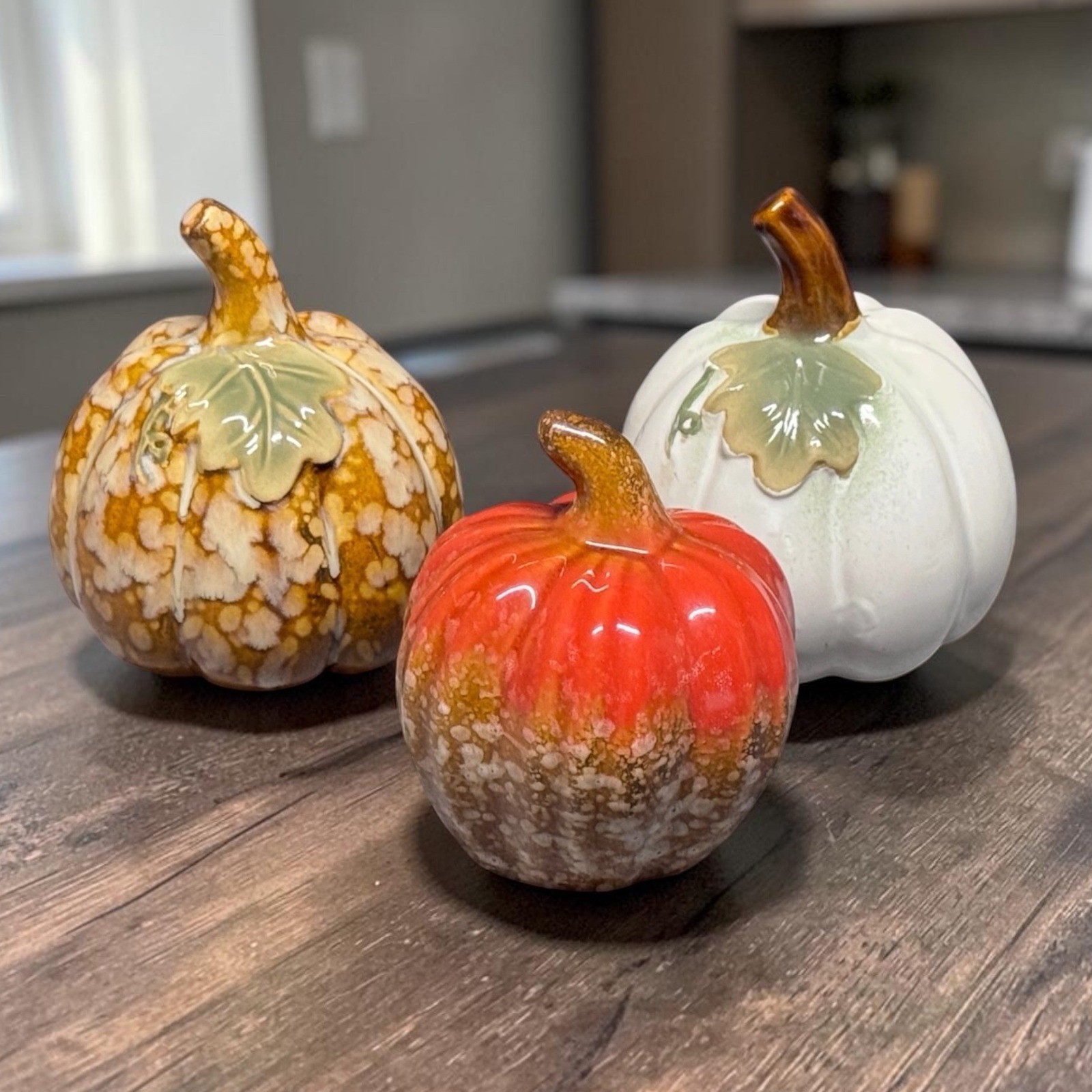 Ceramic Pumpkin Trio Autumn Harvest Decor Glazed Orange White Brown Fall Set 3