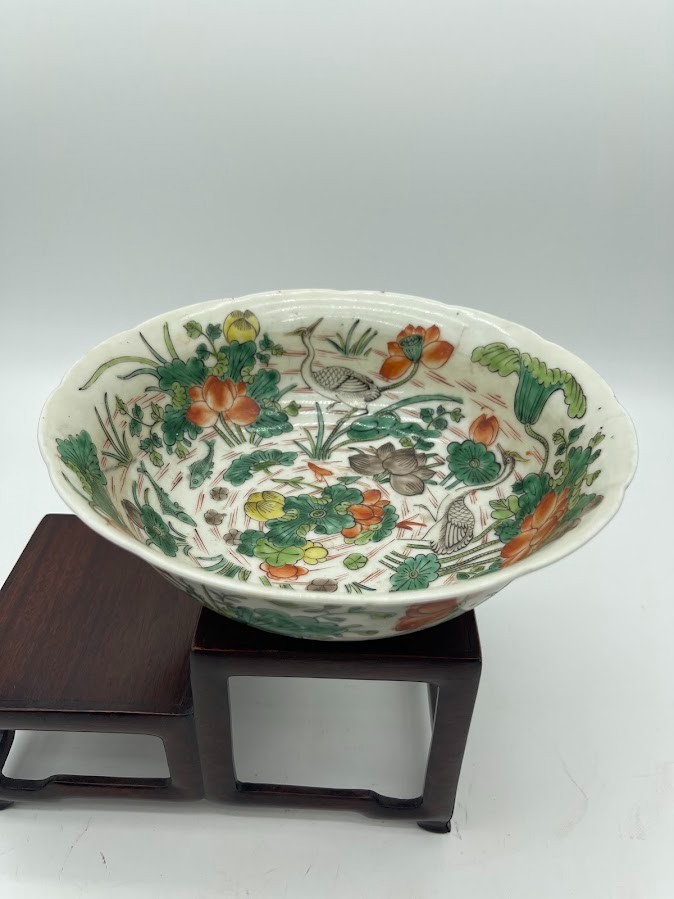 Antique Large Chinese Famille Verte Porcelain Bowl With Floral And Lotus Design