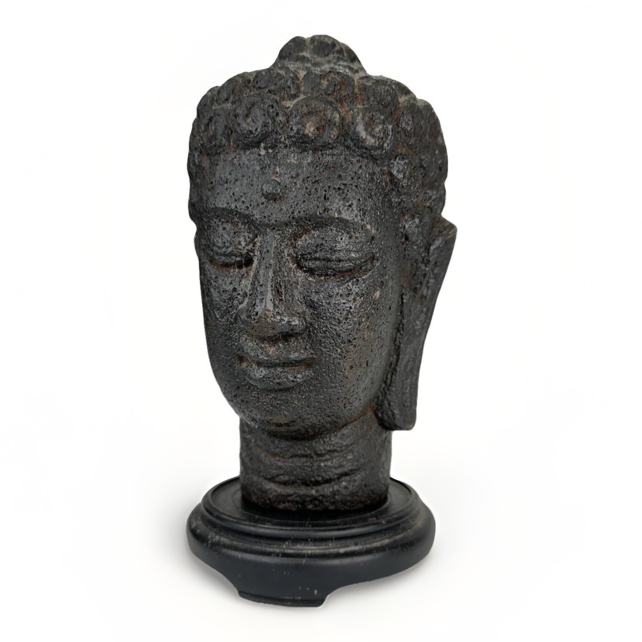 Antique Chinese Tibetan Black Volcanic Solid Rock Buddha Head 19th Century