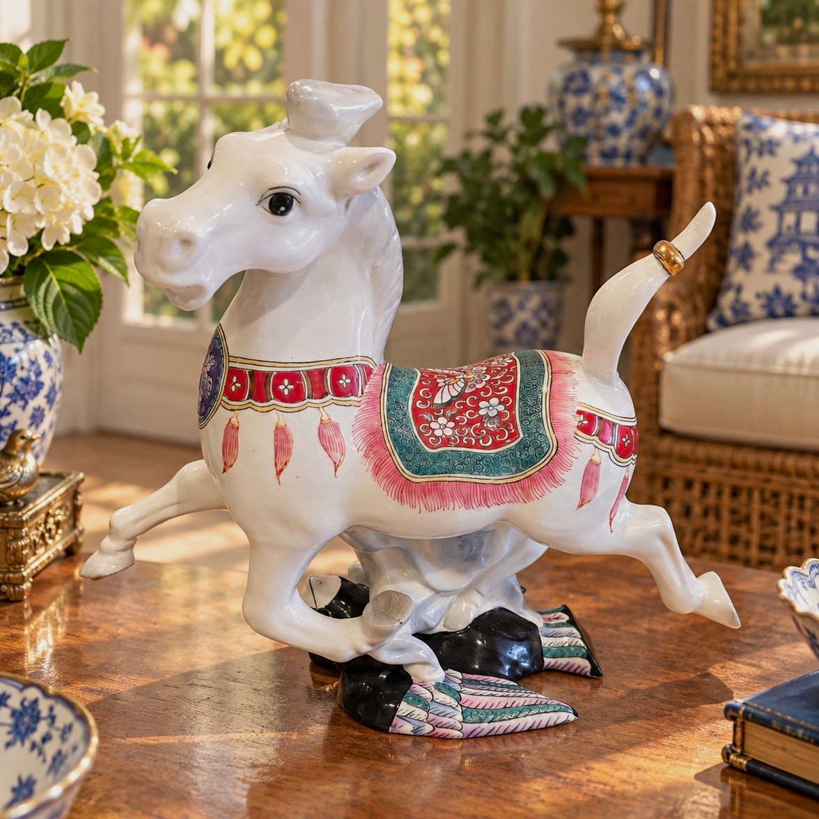 Vintage Macau Porcelain Prancing Horse Figurine Famille Rose Style 