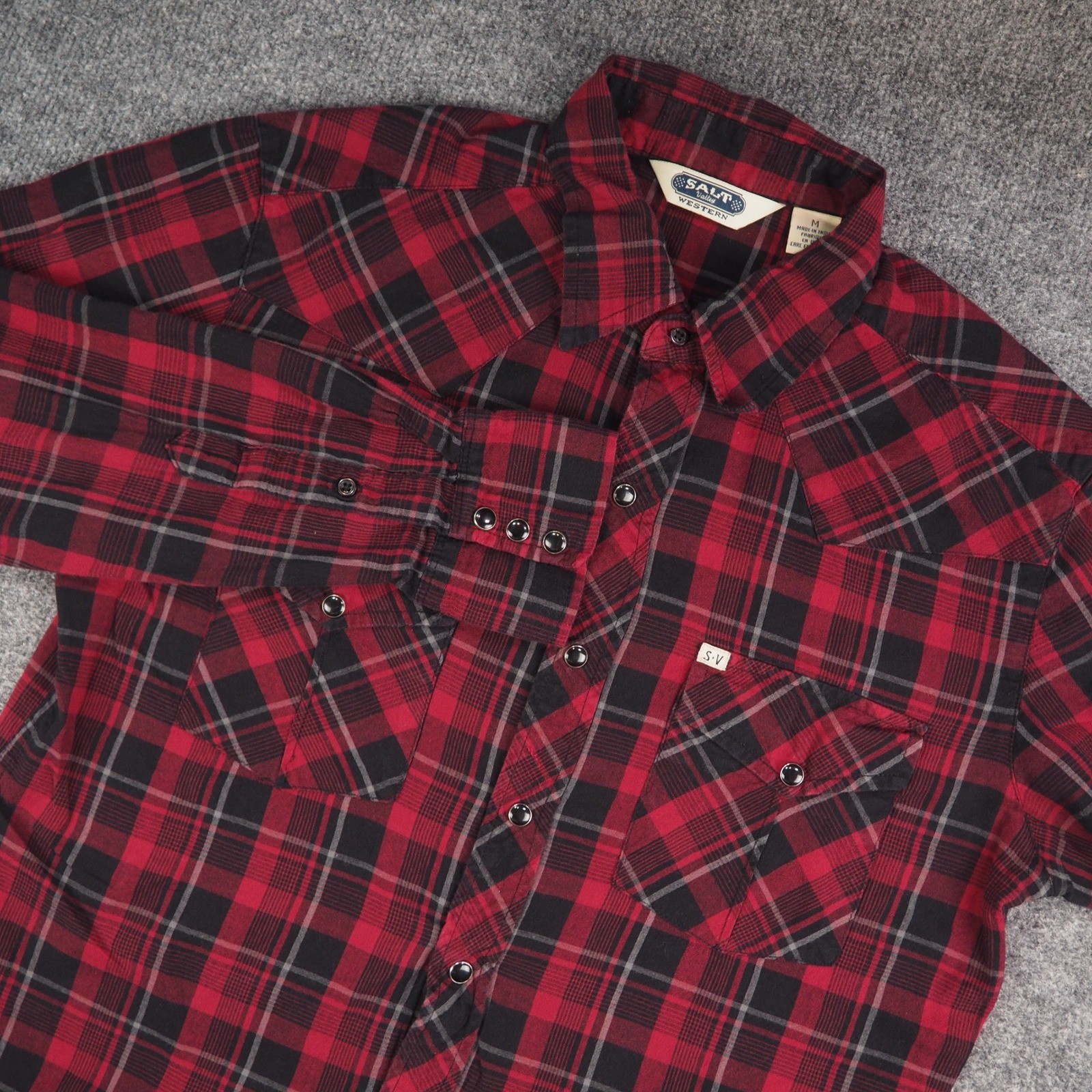 Salt Valley Western Shirt Mens Med Red Plaid Pearl Snap Cowboy Workwear Casual