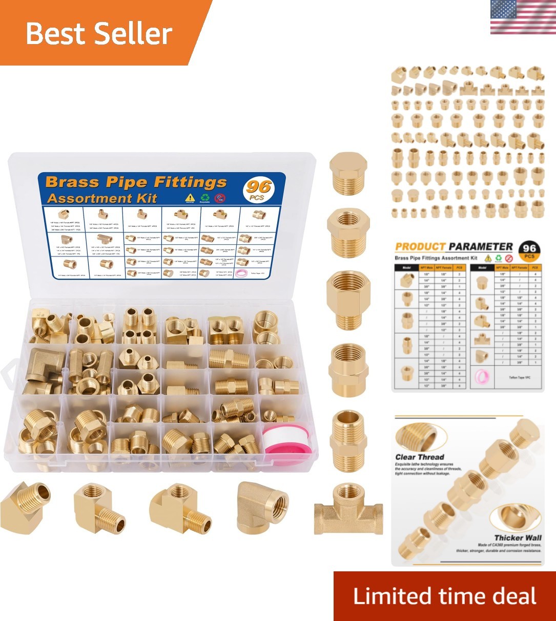 Complete 96PCS Brass NPT Pipe Fittings Assortment - High Pressure & Versatile Complete 96PCS Brass NPT Pipe Fittings Assortment - High Pressure & Versatile