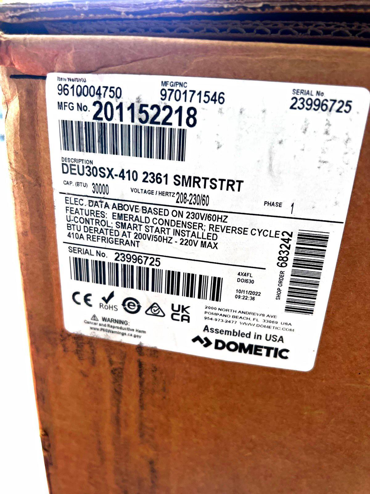 Dometic DEU30SX-410 2361 SMRTSTRT Scroll Compressor 30,000 BTU R-410A