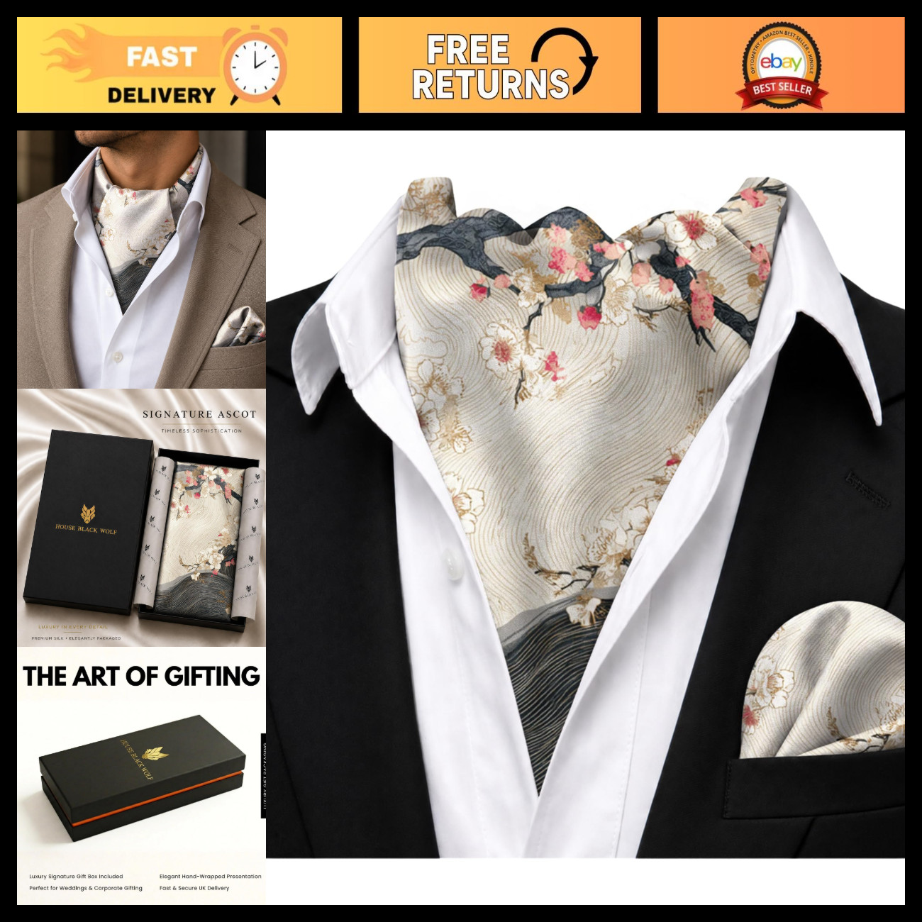 Men\'s Silk Ascot Cravat & Pocket Square Set - Formal Wedding Tie Accessory Men\'s Silk Ascot Cravat & Pocket Square Set - Formal Wedding Tie Accessory