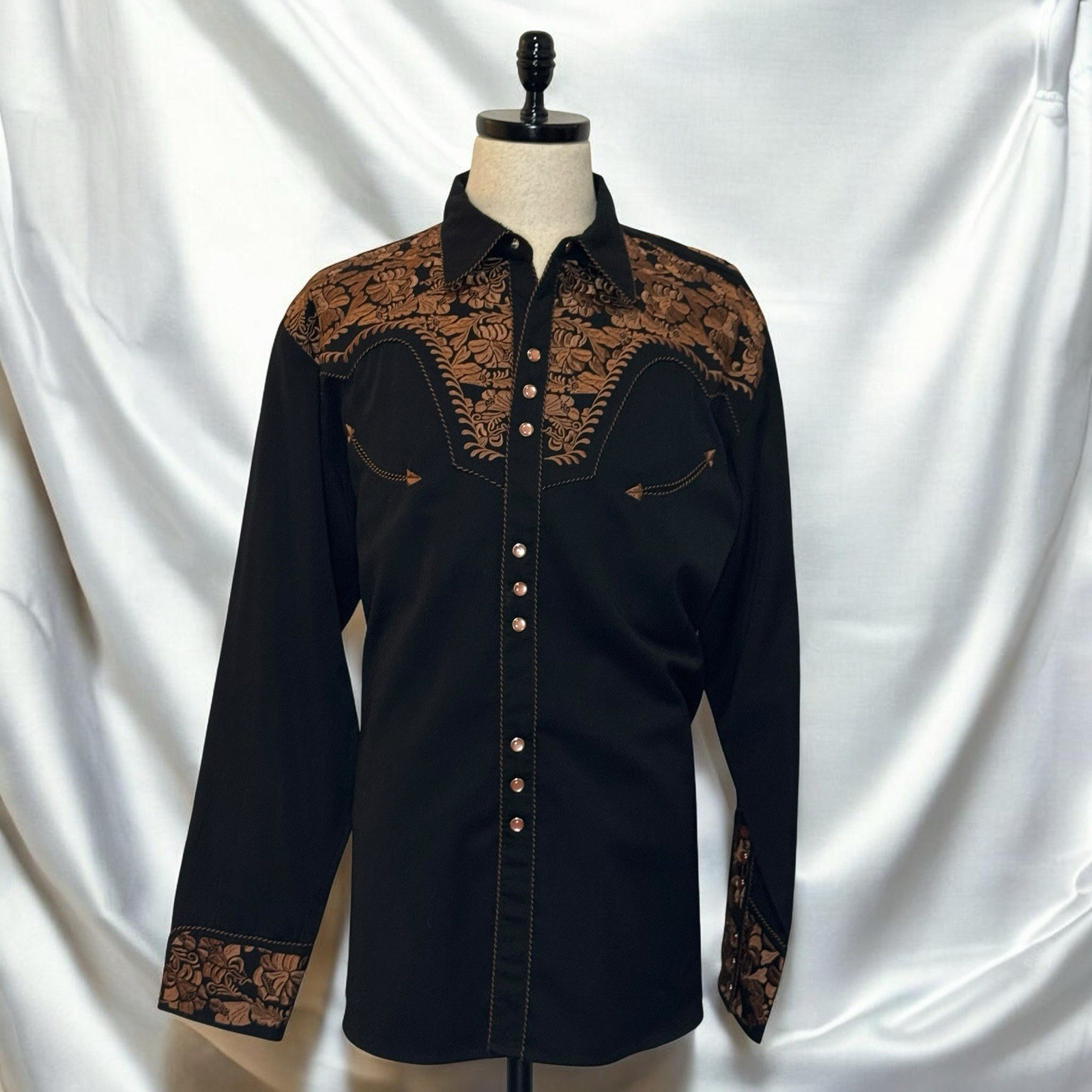 Scully Mens XL Gunfighter Western Pearl Snap Shirt Black Copper Floral P-634 EUC Scully Mens XL Gunfighter Western Pearl Snap Shirt Black Copper Floral P-634 EUC