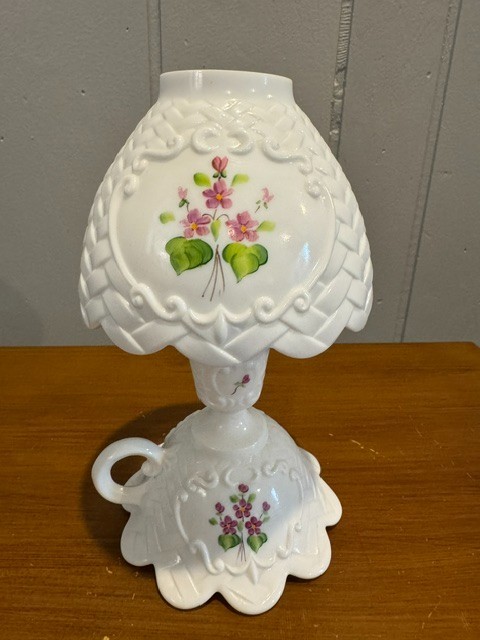 Rare Fenton Violets in the Snow Basket Weave Candlelight Fairy Light Rare Fenton Violets in the Snow Basket Weave Candlelight Fairy Light