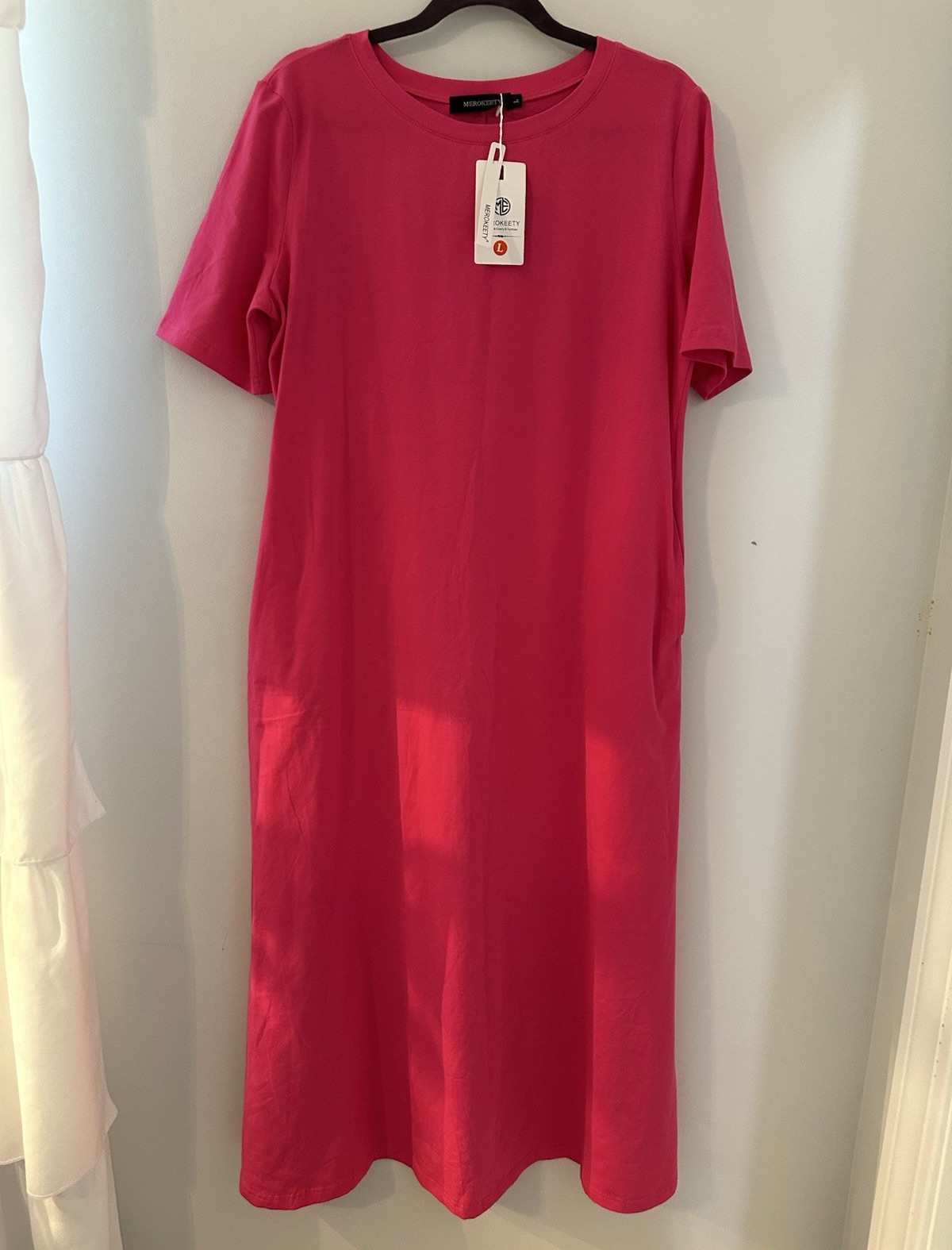 MEROKEETY Pink Solid T-Shirt Dress L Crew Neck Short Sleeve Midi Stretch Jersey