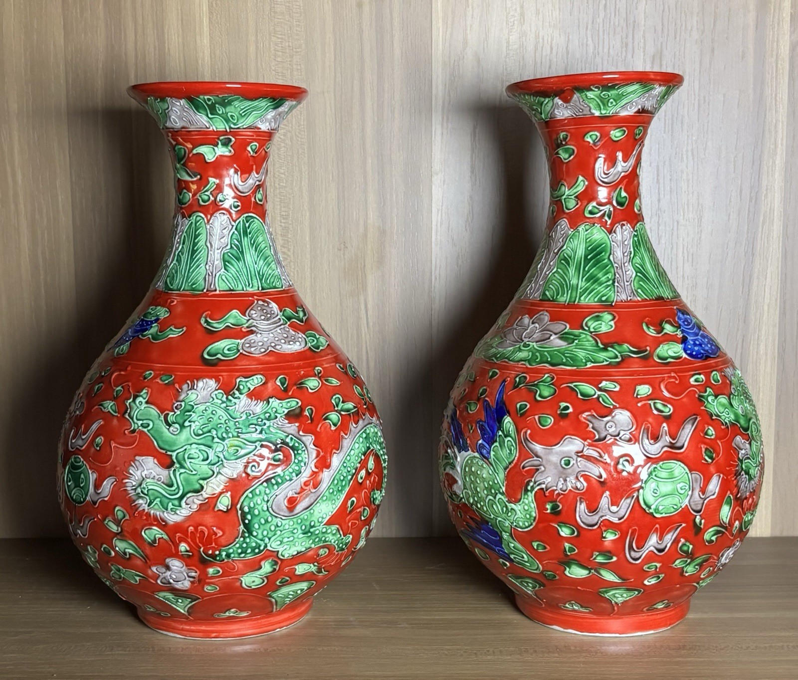 Pair Vintage Chinese Red Glazed Porcelain Dragon Phoenix Vases Hongzhi Mark 11”