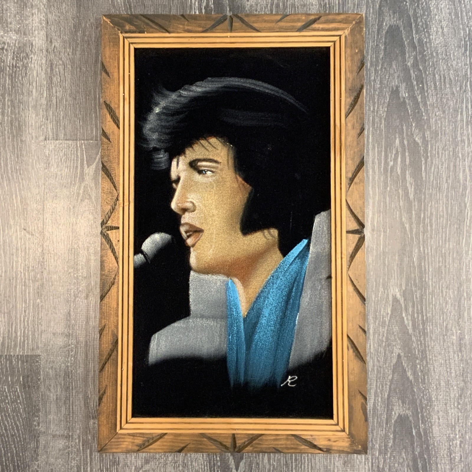 VTG Elvis Presley Velvet Painting Crying Tears Signed Retro Wood Frame 22.5x13.5