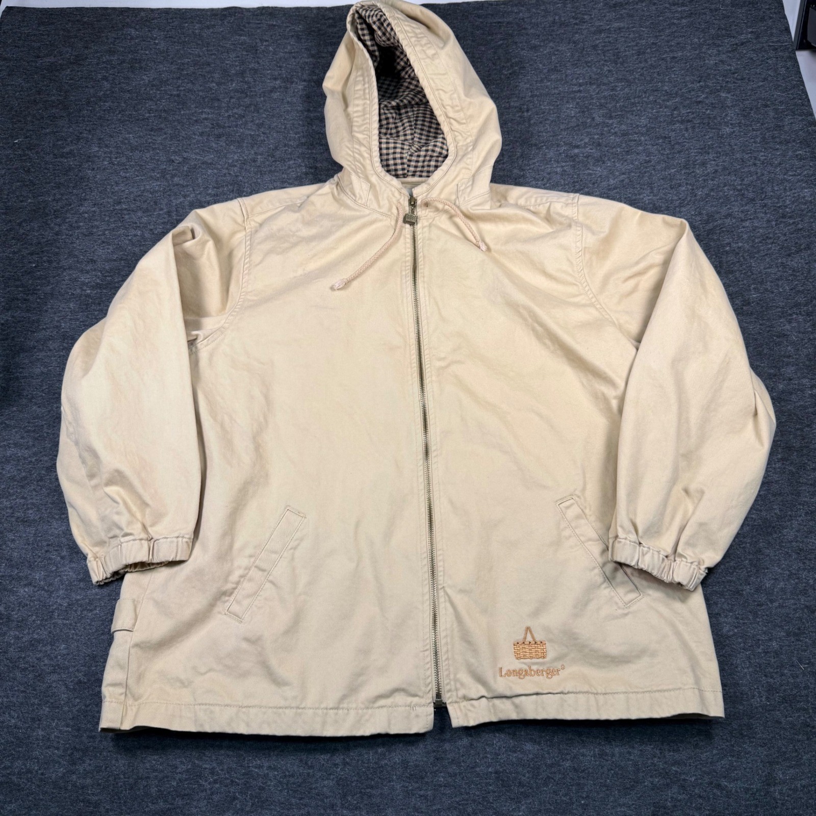 Longaberger Homestead Mens Tan Cotton Hooded Jacket Gingham Lining Size 1X
