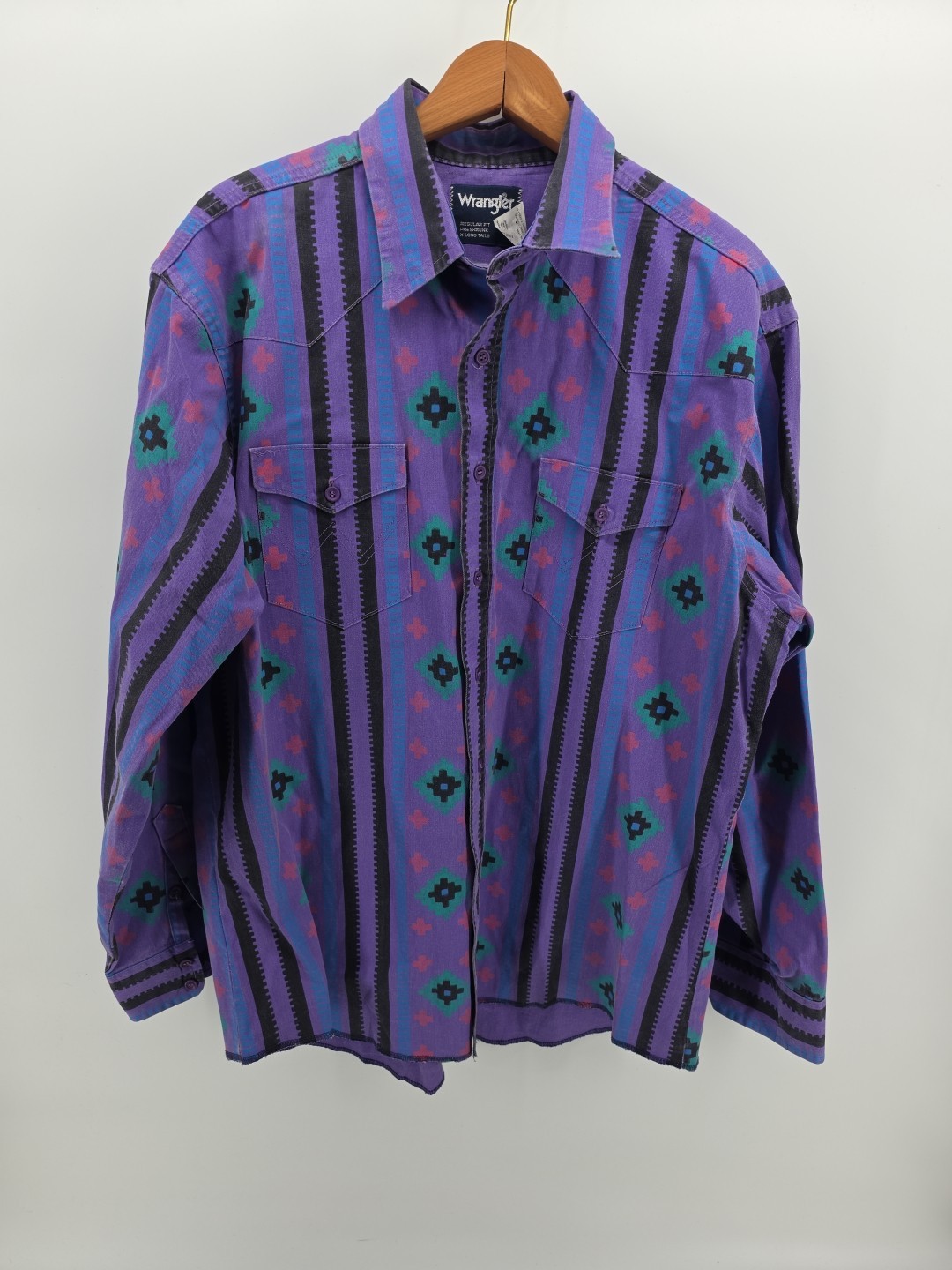 VTG Wrangler Brushpopper Western Aztec Bright Loud X-Long Tails Shirt 17-35 Rare