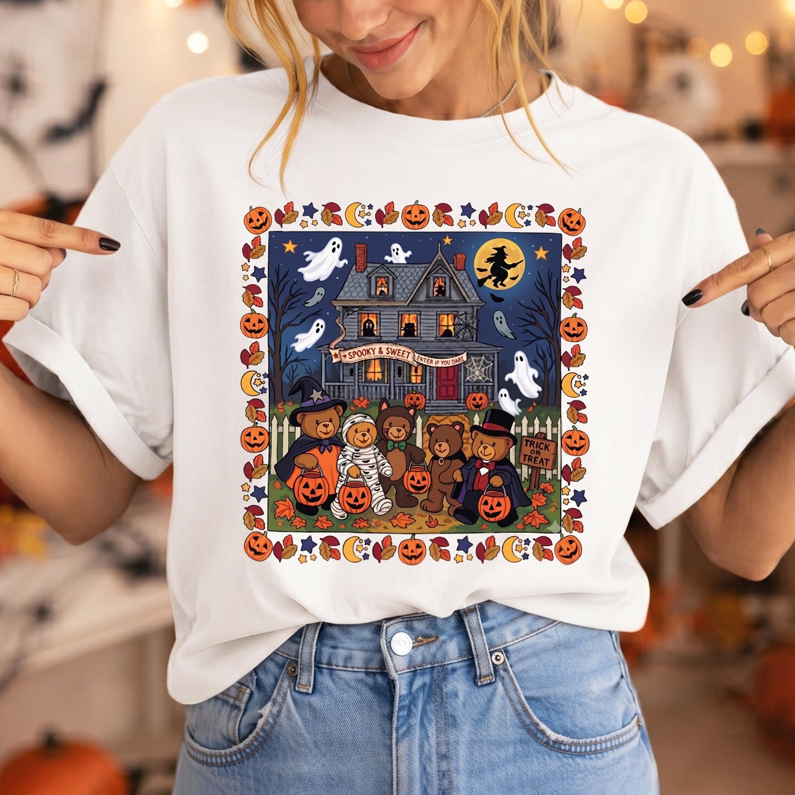 Vintage Halloween Bears Shirt Haunted House Graphic Top Tee