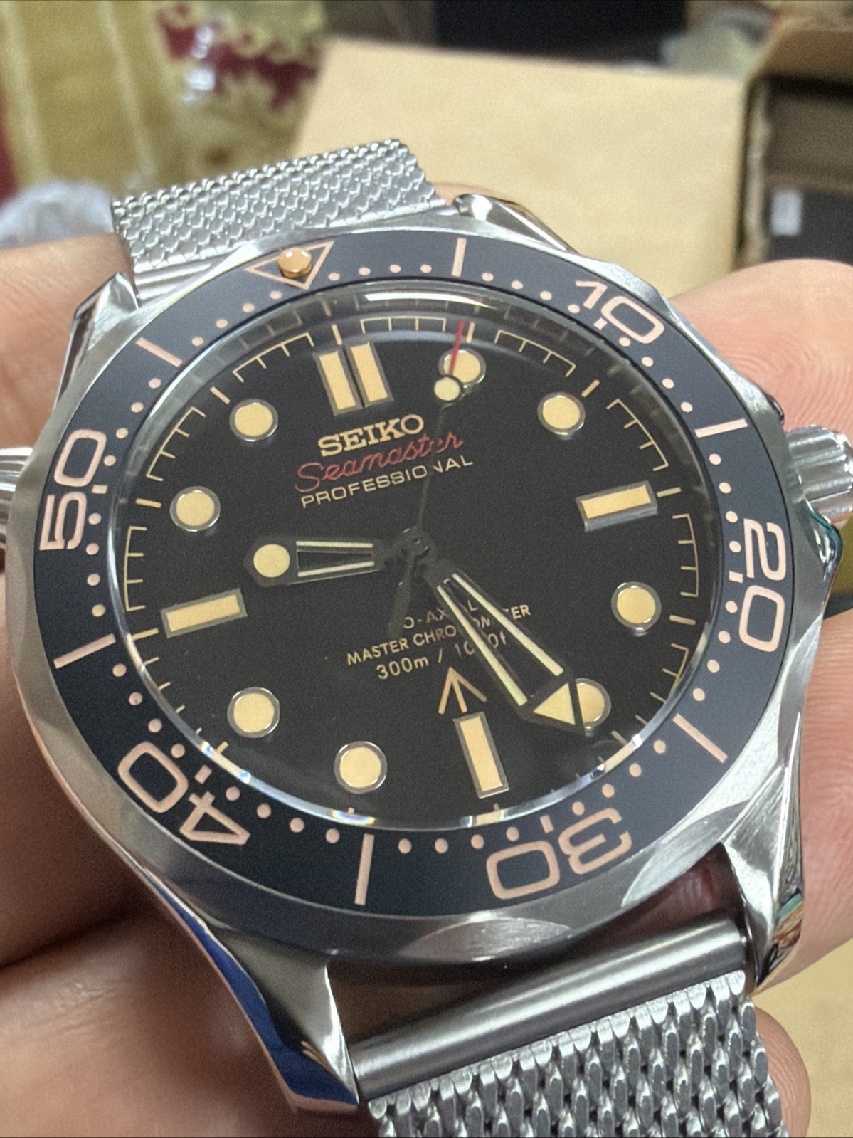 Hand-Assembled Custom Time Piece Seiko Mod Black /Silver Sea Watch Master