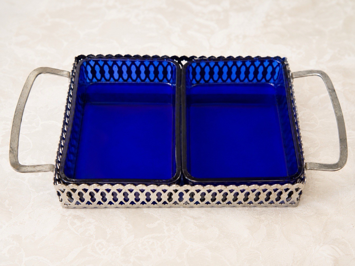 Vintage Empire Made Cobalt Blue Glass Divided Serving Tray Reticulated Metal