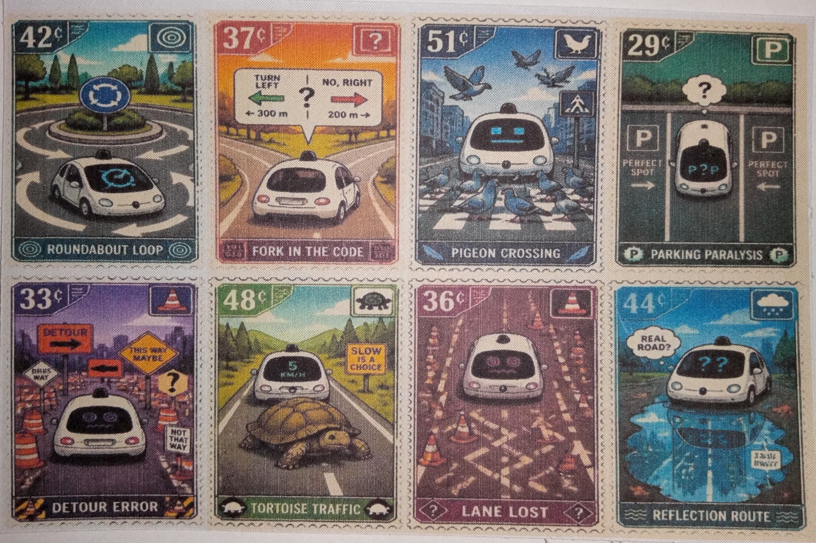 The Perils of the Self Driving Vehicle, Americana Satire, 8 Artistamps