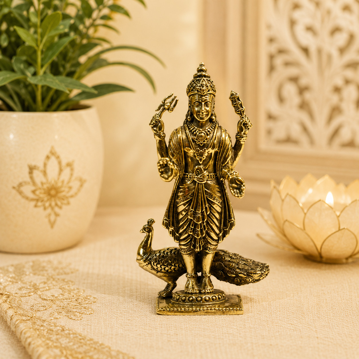 Brass Lord Kartikeya Murugan Statue with Peacock Hindu God Idol Indian Home Deco