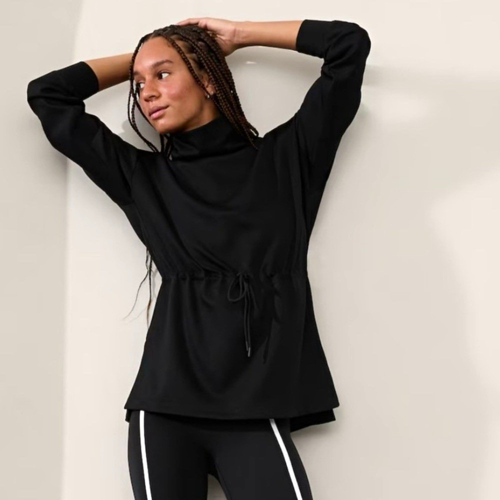 Athleta Black Allure Cinch Drawstring Waist Mock Neck Sweatshirt Size S