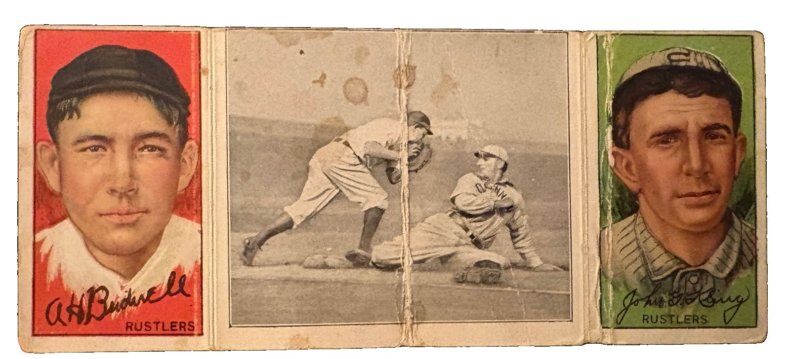 1912 T202 Hassan Triple Folders Lobert Almost Caught -Al Bridwell / Johnny Kling