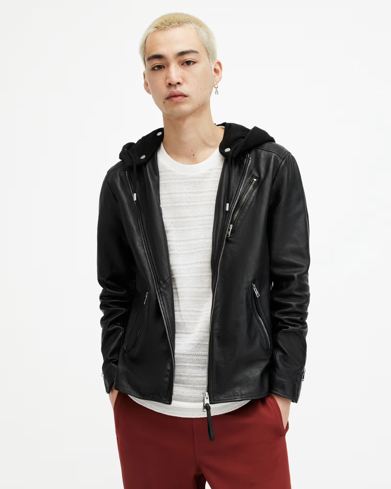 AllSaints Harwood Men\'s Hooded Leather Biker Moto Jacket Black Medium NEW